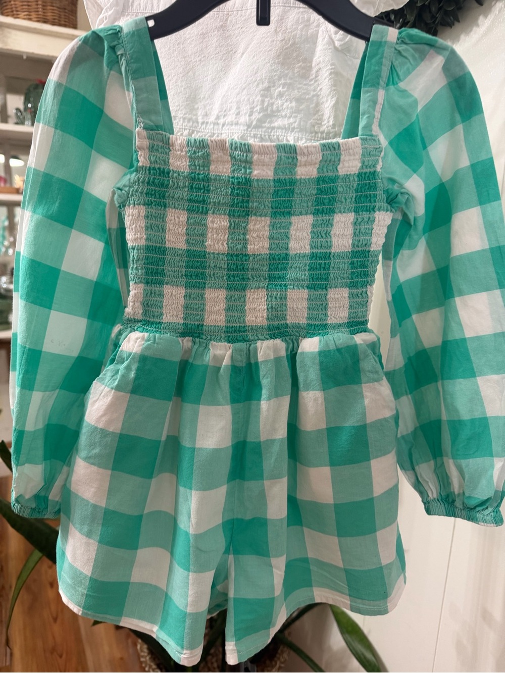 Janie and Jack Mint and White Gingham Smocked Romper
